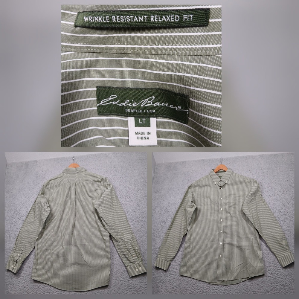 Eddie Bauer Button Down Shirt Men's‎ LT Green White Stripe Wrinkle Resistant